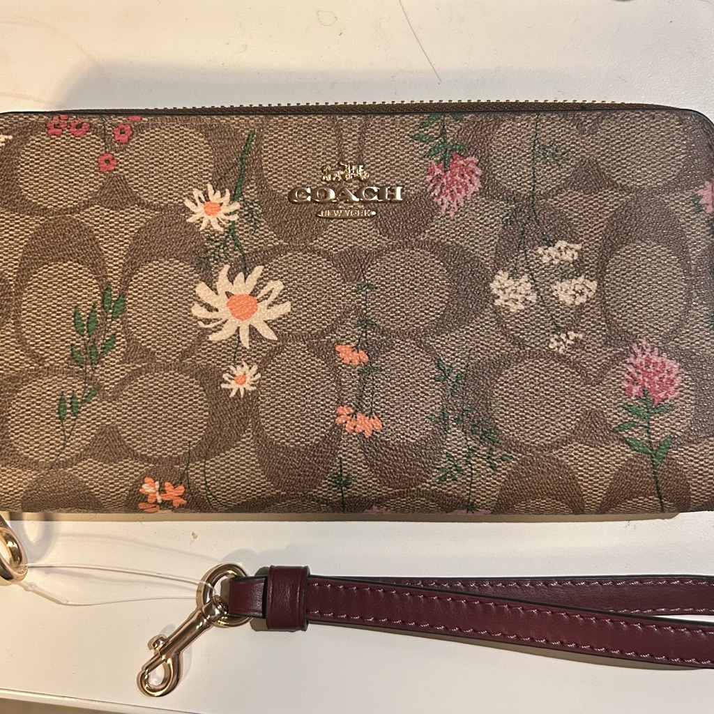 Coach (Brand New) Brown Floral Signature Zip Wallet Wristlet With Burgundy Strap